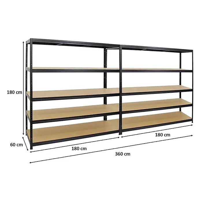 Mega Deal | 2x Schwerlastregal Giant Elephant | HxBxT 180x180x60cm | Fachlast 200kg | Schwarz -  - Schwarzes Metallregal mit hellbraunen Holzböden. Gesamtgröße: 360x60x180 cm (BxTxH) für Lagerung.