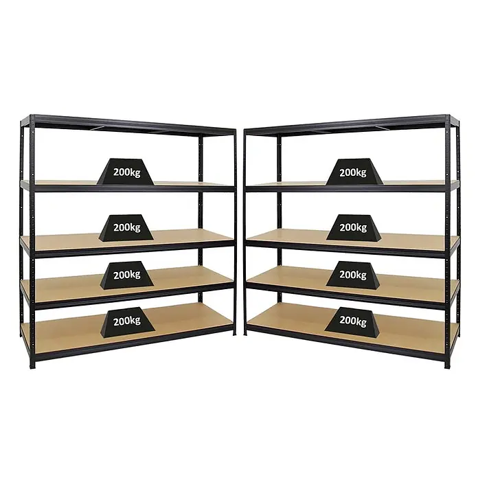 Mega Deal | 2x Schwerlastregal Giant Elephant | HxBxT 180x180x60cm | Fachlast 200kg | Schwarz -  - Zwei schwarze Metallregale mit hellbraunen Böden, jeder Boden hält ein '200kg' Gewicht, um die Tragfähigkeit zu zeigen.