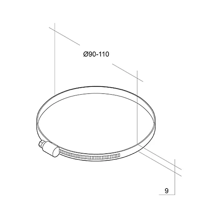 Air-Circle Schlauchklemme - Verstellbereich: 90 mm - 110 mm, Verzinkt - Eine Draufsicht auf eine Schlauchschelle mit den Größenangaben Ø90-110 und 9.