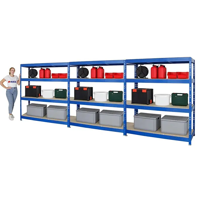 Mega Deal | 3x Profi Schwerlastregal Rhino | HxBxT 180x160x60cm | 4 Spanplatten-Ebenen 16mm | Fachlast 500kg | Blau -  - Blaues Metallregal mit mehreren Ablagen, gefüllt mit Aufbewahrungsboxen und Kanistern. Eine Frau steht daneben zur Größenveranschaulichung.