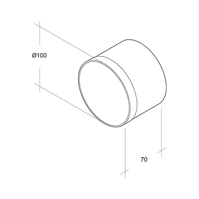 Air-Circle Schlauchverbinder - Durchmesser: 100 mm, Kunststoff - Abbildung eines zylindrischen Produkts mit den Maßen Ø100 und 70, das ein schlankes und modernes Design für verschiedene Anwendungen aufweist.
