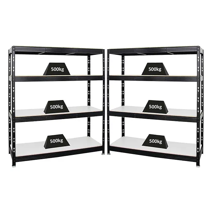 Mega Deal | 2x Profi Schwerlastregal Rhino | HxBxT 180x160x60cm | 4 Melamin-Ebenen 16mm | Fachlast 500kg | Schwarz -  - Zwei schwarze Schwerlastregale aus Metall mit Holzregalböden, jedes mit 500kg Tragkraft pro Boden.