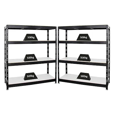 Mega Deal | 2x Profi Schwerlastregal Rhino | HxBxT 180x160x60cm | 4 Melamin-Ebenen 16mm | Fachlast 500kg | Schwarz