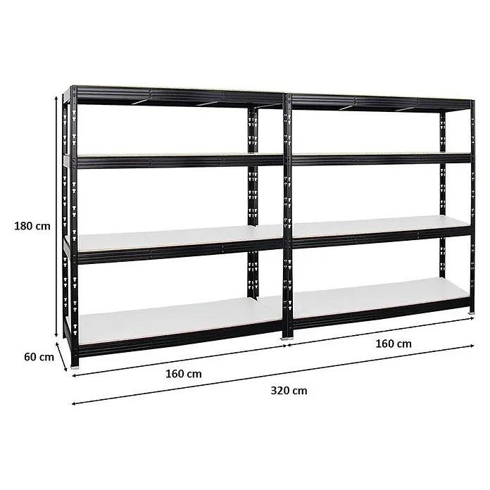 Mega Deal | 2x Profi Schwerlastregal Rhino | HxBxT 180x160x60cm | 4 Melamin-Ebenen 16mm | Fachlast 500kg | Schwarz -  - Schwarzes Metallregal mit vier hellen Holz-/MDF-Böden, 320 cm breit, 180 cm hoch und 60 cm tief.