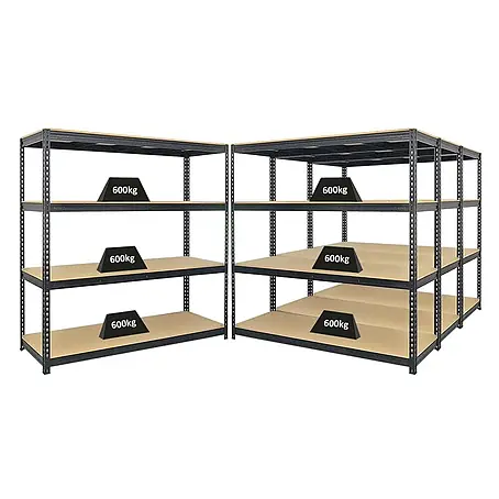 Mega Deal | 4x Profi Schwerlastregal BISON | HxBxT 200x200x60cm | 4 Fachböden | Fachlast 600kg | Schwarz