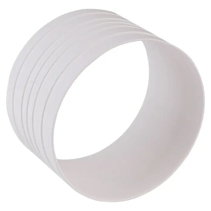 Air-Circle Schlauchverbinder - Durchmesser: 125 mm, Kunststoff - Abbildung einer weißen flexiblen Rohrmuffe mit Rillen. Sie ist für verschiedene Verbindungsanwendungen geeignet und bietet Flexibilität.
