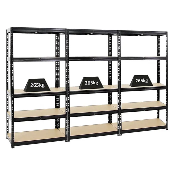 Mega Deal | 3x Schwerlastregal Tiger | HxBxT 180x90x45 cm |  Fachlast 265kg | Schwarz -  - Drei schwarze Metallregale mit Holzablagen, jedes zeigt eine Tragfähigkeit von 265 kg.