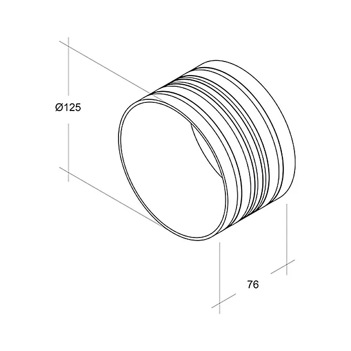 Air-Circle Schlauchverbinder - Durchmesser: 125 mm, Kunststoff - Darstellung eines zylindrischen Bauteils mit Abmessungen für technische Zeichnungen, Durchmesser 125 mm und Länge 76 mm.