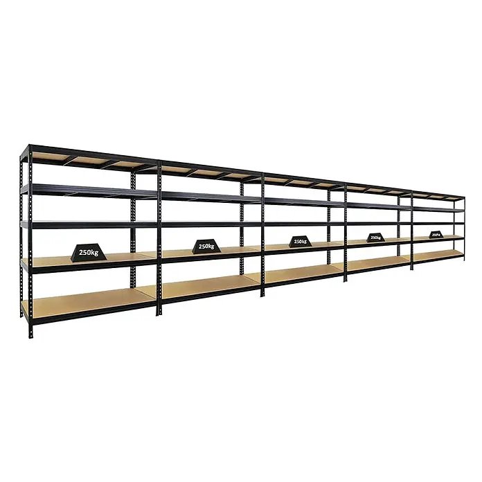 Mega Deal | 5x Schwerlastregal Rivet | HxBxT 180x150x60 cm | Fachlast 250kg | Schwarz -  - Lange schwarze Metallregale mit Holzablagen, 250kg Traglast pro Fach.