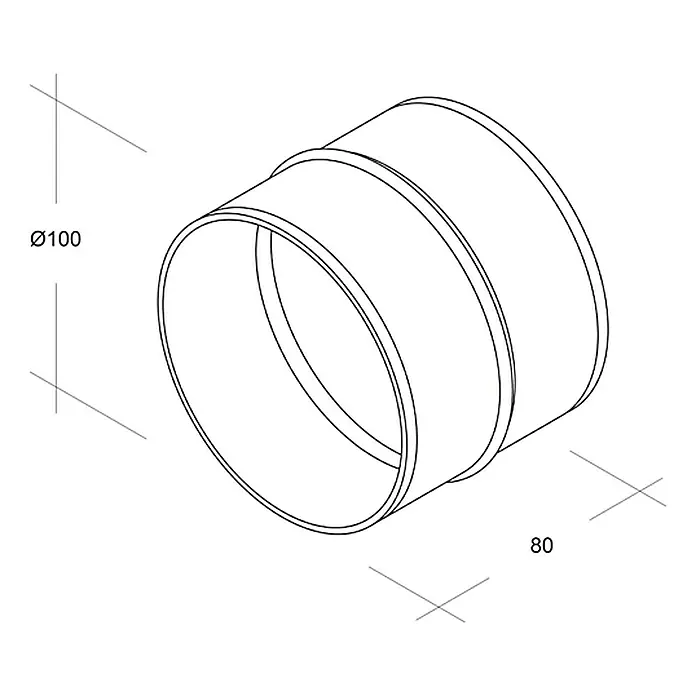 Air-Circle Schlauchverbinder - Durchmesser: 100 mm, Verzinkt - Produktabbildung einer Rohrmuffe mit den Maßen Ø100 und 80, dargestellt in einer technischen Zeichnung.