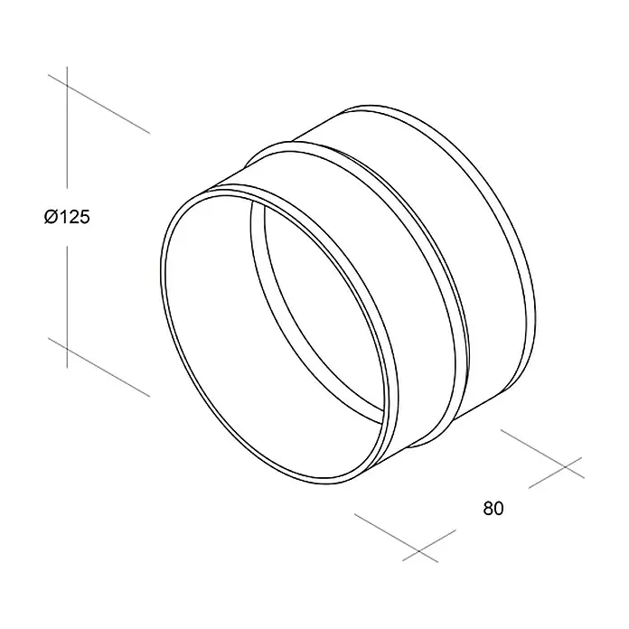 Air-Circle Schlauchverbinder - Durchmesser: 125 mm, Verzinkt - Darstellung eines Rohradapters mit den Maßen Ø125 und 80, dargestellt als technische Zeichnung.