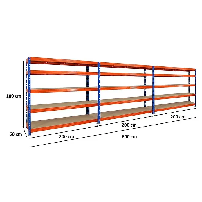 MegaDeal 3xProfi Schwerlastregal Rhino 180x200x60 5 Böden 500kg Blau/Orange -  - Orange-blaues Schwerlastregal, 600 cm lang, 180 cm hoch, 60 cm tief, mit vier Einlegeböden.