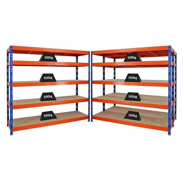 MegaDeal 3xProfi Schwerlastregal Rhino 180x200x60 5 Böden 500kg Blau/Orange -  - Zwei orange-blaue Schwerlastregale mit Einlegeböden, die eine Tragfähigkeit von 500 kg demonstrieren.
