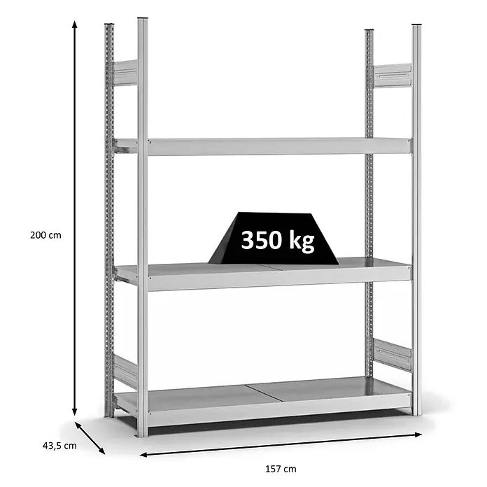 Proregal Schwerlastregal MAGNUS Stecksystem - H x B x T: 200 x 150 x 40 cm, Traglast pro Boden: 350 kg, Anzahl Böden: 3 Stk., Stecken, Verzinkt - Silbergraues Metallregal, 200x157x43.5 cm, mit 3 Regalböden und 350 kg Traglast.