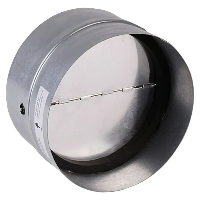 Air-Circle Rückluftsperrklappe - Durchmesser: 100 mm, Mit Rückstauklappe - Ein rundes, silbernes Kanalabsperrventil mit einer Klappe in der Mitte und einer gut sichtbaren Beschriftung.