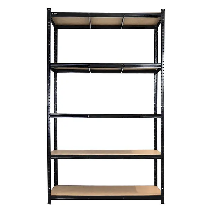 Schwerlastregal Giant Ragnar | HxBxT 200x120x50cm | 5 MDF-Platten-Ebenen | Fachlast 175kg | Schwarz -  - Schwarzmetallregal mit fünf hellbraunen Holzregalböden.