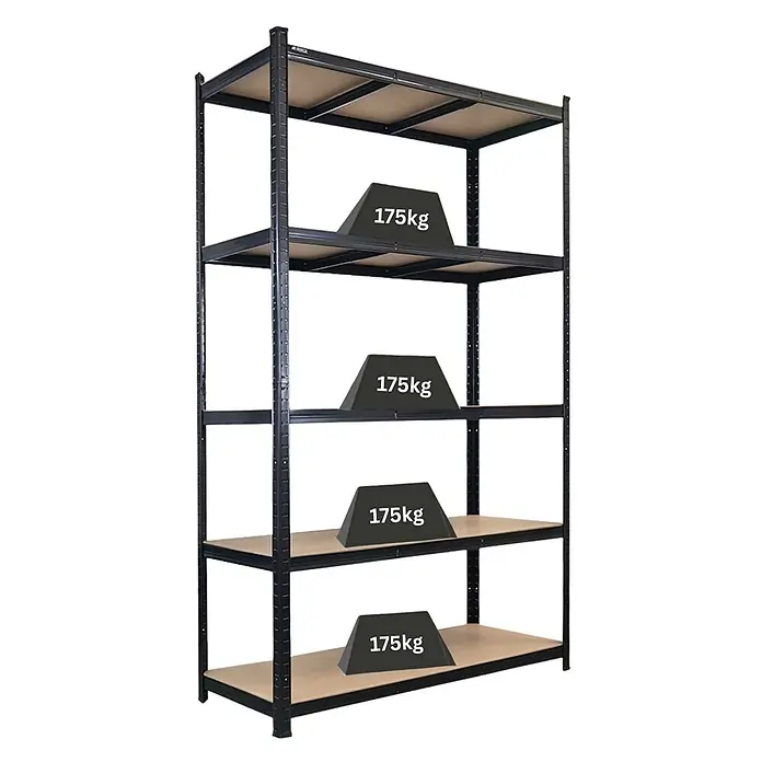 Schwerlastregal Giant Ragnar | HxBxT 200x120x50cm | 5 MDF-Platten-Ebenen | Fachlast 175kg | Schwarz -  - Schwarzes Schwerlast-Metallregal mit fünf Holzregalböden, vier davon mit 175kg Gewichten beladen, um die Tragfähigkeit zu demonstrieren.