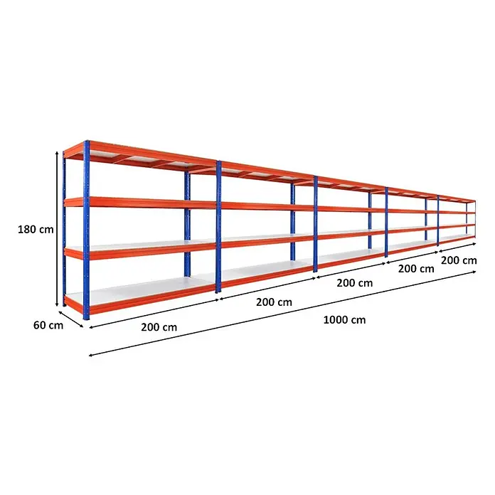 Mega Deal | 5x Schwerlastregal DINO | HxBxT 180x200x60cm | 4 Melamin-Ebenen 16mm | Fachlast 500kg | Blau/Orange -  - Orange-blaue Schwerlastregale, 180 cm hoch, 60 cm tief, 1000 cm lang, mit fünf 200 cm Abschnitten und vier weißen Böden pro Abschnitt.