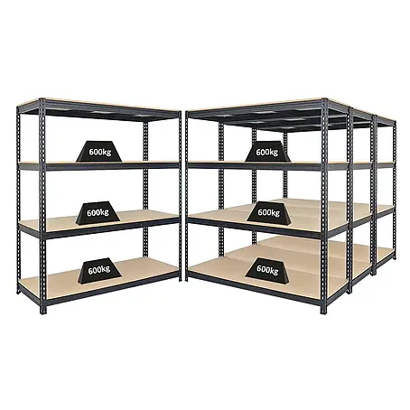 Mega Deal | 4x Profi Schwerlastregal BISON | HxBxT 200x180x60cm | 4 Fachböden | Fachlast 600kg | Schwarz