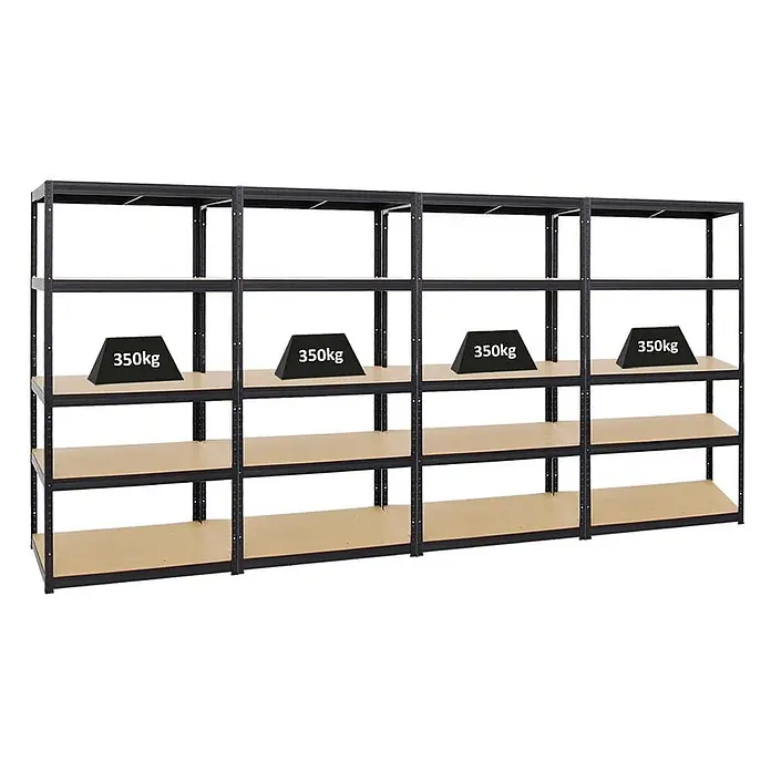 Mega Deal | 4x Schwerlastregal Slim Elephant M | HxBxT 180x90x60 cm | 5 Ebenen | Fachlast 350 kg | Schwarz -  - Großes schwarzes Metallregal mit Holzbrettern, zeigt 350kg Tragkraft pro Regal.