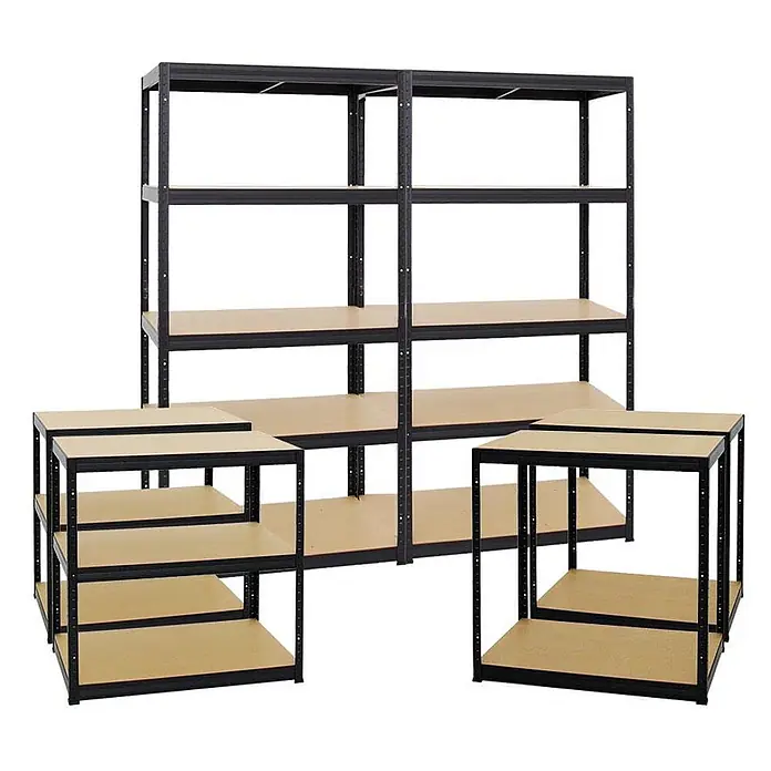 Mega Deal | 4x Schwerlastregal Slim Elephant M | HxBxT 180x90x60 cm | 5 Ebenen | Fachlast 350 kg | Schwarz -  - Modulares schwarzes Metallregal mit hellbraunen Holzregalböden, als hohe Regale oder niedrigere Werkbänke konfigurierbar.