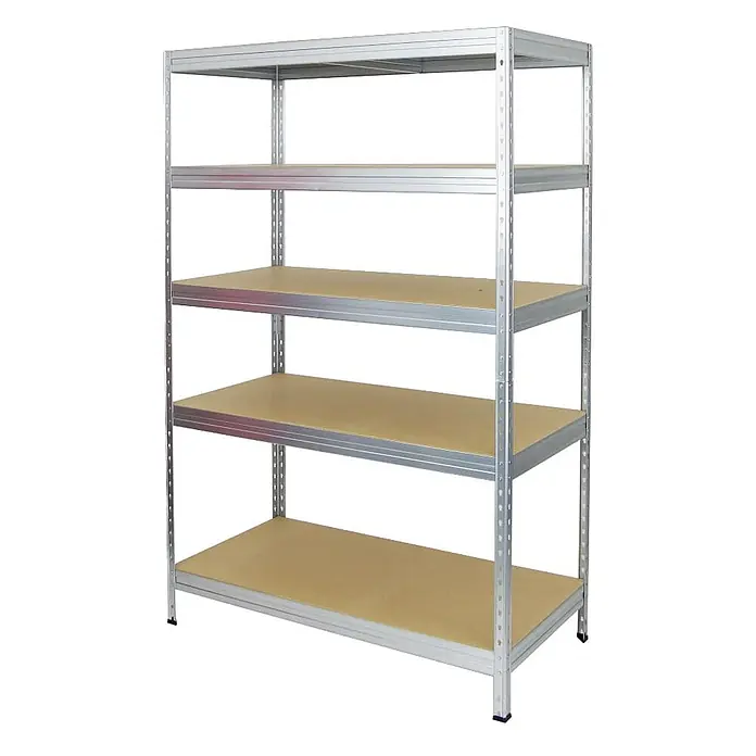 Schwerlastregal Rivet | HxBxT 180x120x60 cm | Fachlast 250kg | Innovatives Stecksystem | Verzinkt -  - Fünfstufiges Schwerlastregal mit silbernem Metallrahmen und hellbraunen Holzablagen.