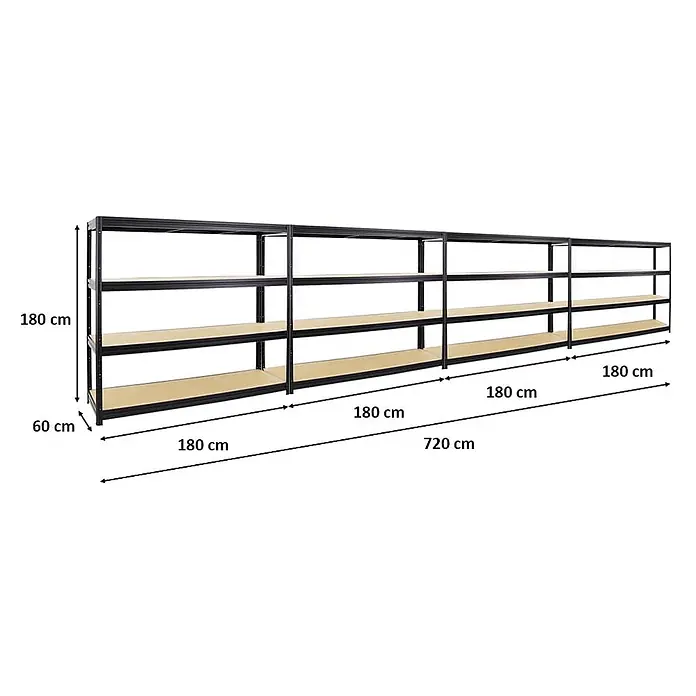 Mega Deal | 4x Schwerlastregal DINO | HxBxT 180x180x60cm | 4 MDF-Platten-Ebenen 6,5 mm | Fachlast 500kg | Schwarz -  - Langes schwarzes Metallregal mit hellen Holzregalböden, 720 cm breit, 180 cm hoch, 60 cm tief.