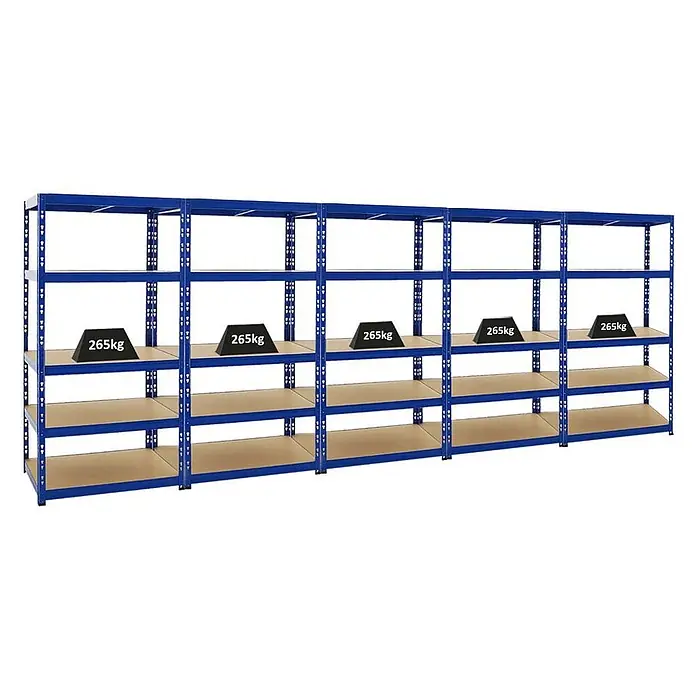 Mega Deal | 5x Schwerlastregal Tiger | HxBxT 180x90x60 cm |  Fachlast 265kg | Blau -  - Blaue Schwerlast-Metallregaleinheiten mit beigen Fachböden, jedes Fach trägt 265kg.