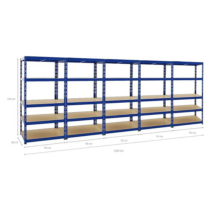 Mega Deal | 5x Schwerlastregal Tiger | HxBxT 180x90x60 cm |  Fachlast 265kg | Blau -  - Langes blaues Metallregal mit mehreren Abschnitten und Holzböden, 450x180x60 cm.