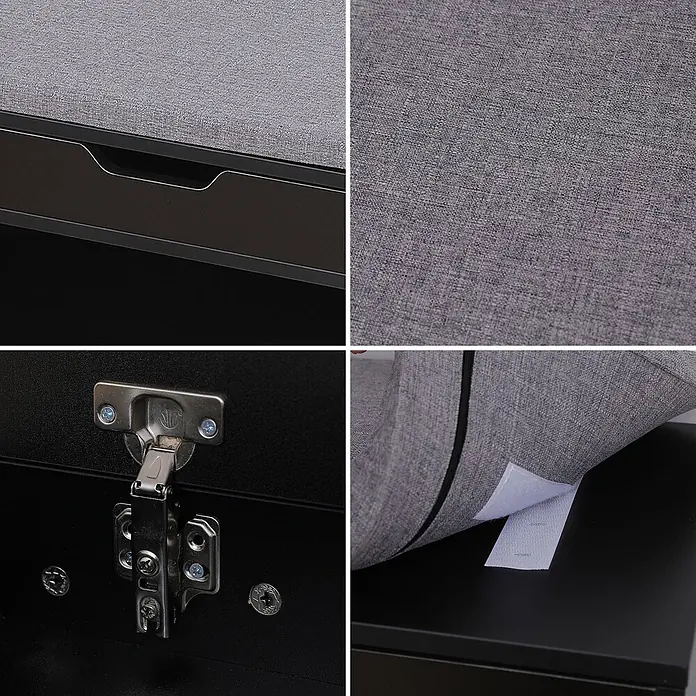 Schuhmöbel zwei Fächer mit Truhe schwarz ALAN -  - Graue, gepolsterte Aufbewahrungsbank mit Details: Stofftextur, dunkler Griff, robuste Metallscharniere und Klettverschluss für das Kissen.