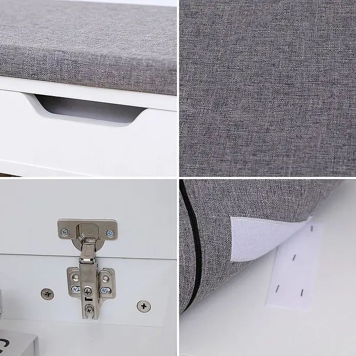 Schuhmöbel mit zwei Fächern und weißer Truhe ALAN -  - Weiße Aufbewahrungsbank mit grauem Stoffkissen. Das Kissen ist abnehmbar, mit Klettverschluss gesichert, und die Bank hat Fachklappen mit Metallscharnieren.