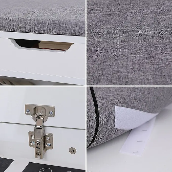Happy Garden Schuhschrank ALAN - Weiß - Weiße Aufbewahrungsbank mit grauem Polsterkissen. Zeigt Stofftextur, Stauraum und sichere Kissenbefestigung.