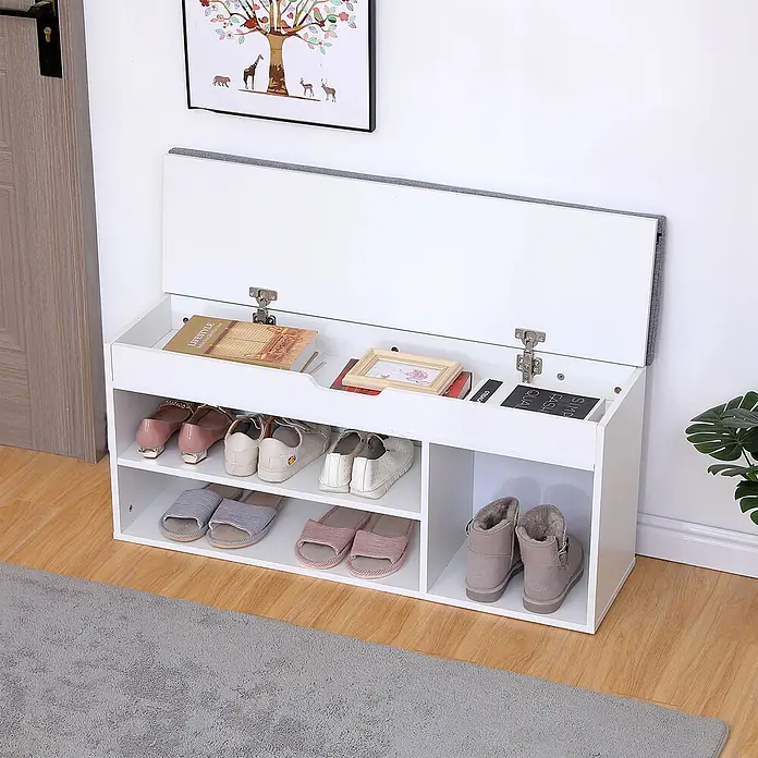 Happy Garden Schuhschrank ALAN - Weiß - Weiße Schuhbank mit grau gepolstertem Klappdeckel, mit verschiedenen Fächern für Schuhe und Eingangsbereichsartikel.