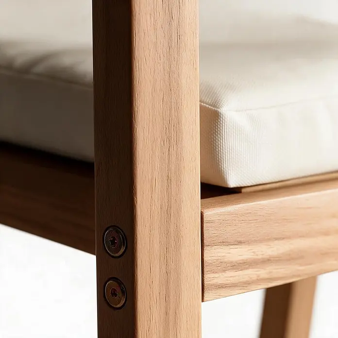 Set aus Gartentisch und -stühlen für 4 Personen aus Akazienholz und Keramik FARO -  - Nahaufnahme eines hellen Holzmöbelrahmens mit cremefarbenem Kissen und sichtbaren Schrauben.