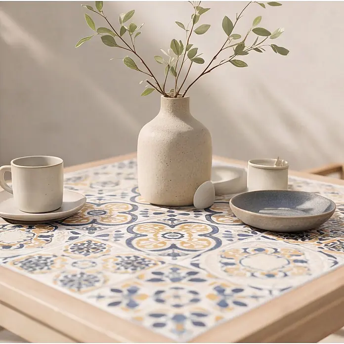 Set aus Gartentisch und -stühlen für 4 Personen aus Akazienholz und Keramik FARO -  - Holztisch mit blau-gelb gemusterten Fliesen, gedeckt mit Keramiktassen, Geschirr und einer Vase mit Grünpflanzen.