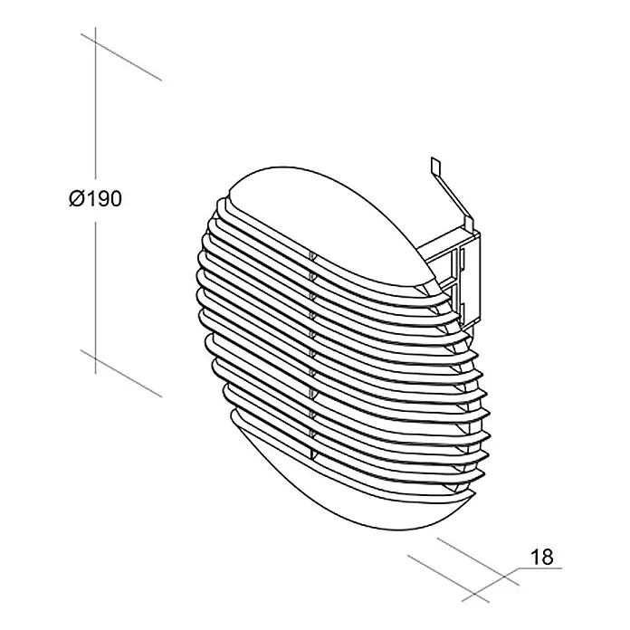 Air-Circle Rundgitter - Klemmbereich: Ø 160 - 125 mm, Hellgrau - Abbildung einer modernen Wandleuchte mit Lamellenstruktur und den Maßen Ø190 und 18.