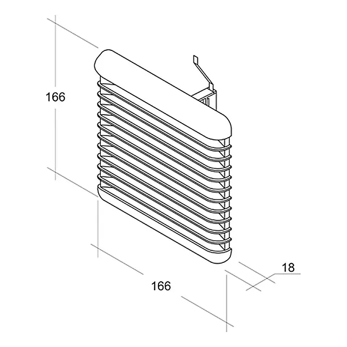 Air-Circle Außengitter - 80 mm - 125 mm, Hellgrau - Eine schematische Darstellung eines Heizkörpers mit den Maßen 166x166x18. Ideal für technische Zeichnungen und Produktvisualisierungen.