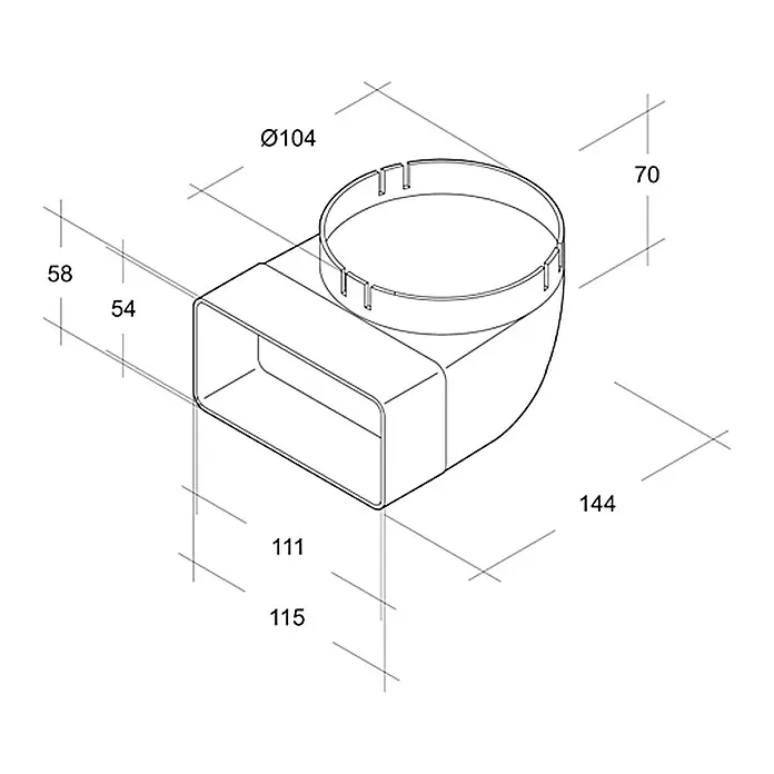 Air-Circle Umlenkstück - Maße Anschlussstutzen: 111 x 54 mm, Durchmesser Anschlussstutzen: 100 mm - Schemazeichnung eines Abluftrohrs mit verschiedenen Maßangaben, die die Dimensionen und Details des Produkts hervorheben.