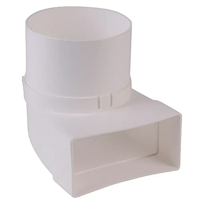 Air-Circle Umlenkstück & Stutzen - Maße Anschlussstutzen: 111 x 54 mm, Durchmesser Anschlussstutzen: 100 mm - Bild eines weißen rechteckigen bis runden Kanaladapters, der für Lüftungsanlagen verwendet wird. Er dient zur Verbindung von runden und rechteckigen Kanälen.