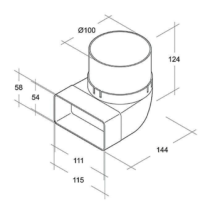 Air-Circle Umlenkstück & StutzenMaße Anschlussstutzen: 111 x 54 mm, Durchmesser Anschlussstutzen: 100 mm Left Side View