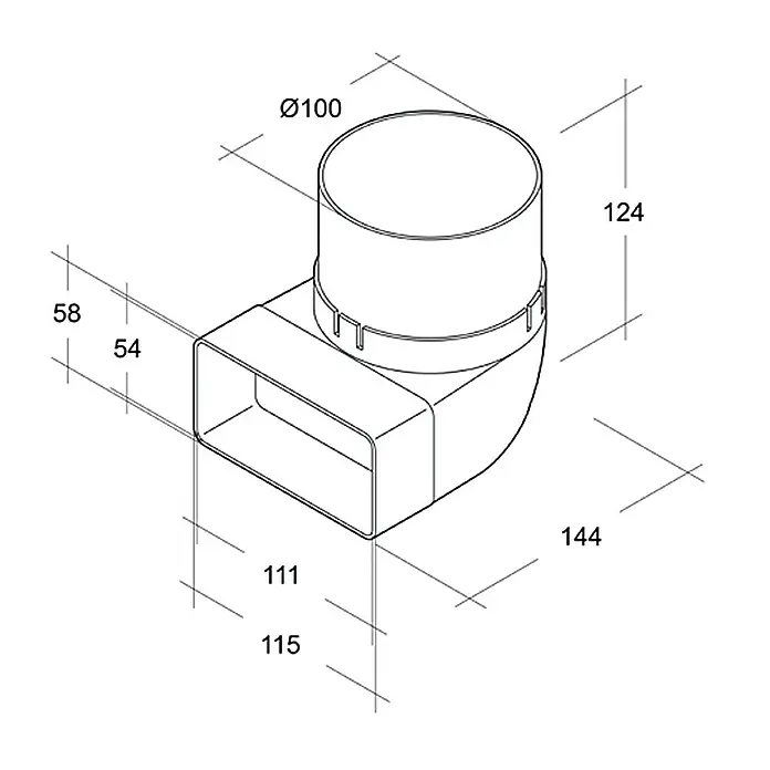 Air-Circle Umlenkstück & Stutzen - Maße Anschlussstutzen: 111 x 54 mm, Durchmesser Anschlussstutzen: 100 mm - Technische Zeichnung eines Rohrbogens mit den Maßen Durchmesser 100, Höhe 124 und weiteren Angaben.