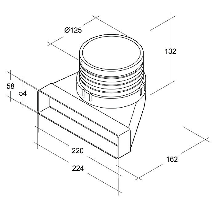 Air-Circle Flachkanal-UmlenkstückMaße Anschlussstutzen: 220 x 54 mm, Durchmesser Anschlussstutzen: 125 mm Left Side View