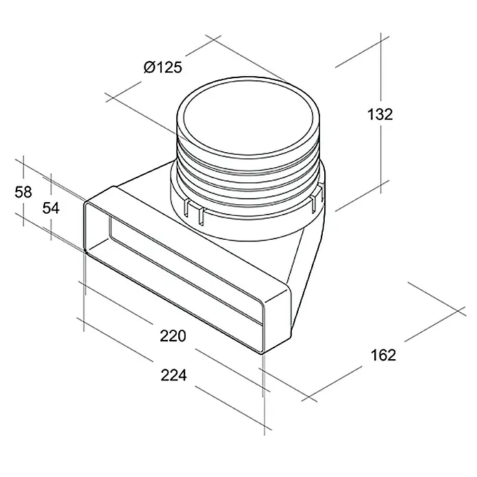 Air-Circle Flachkanal-Umlenkstück - Maße Anschlussstutzen: 220 x 54 mm, Durchmesser Anschlussstutzen: 125 mm - Abbildung eines Kanalanschlussstücks mit den Maßen 125 mm Durchmesser, 58 x 224 mm rechteckig und 132 mm hoch.