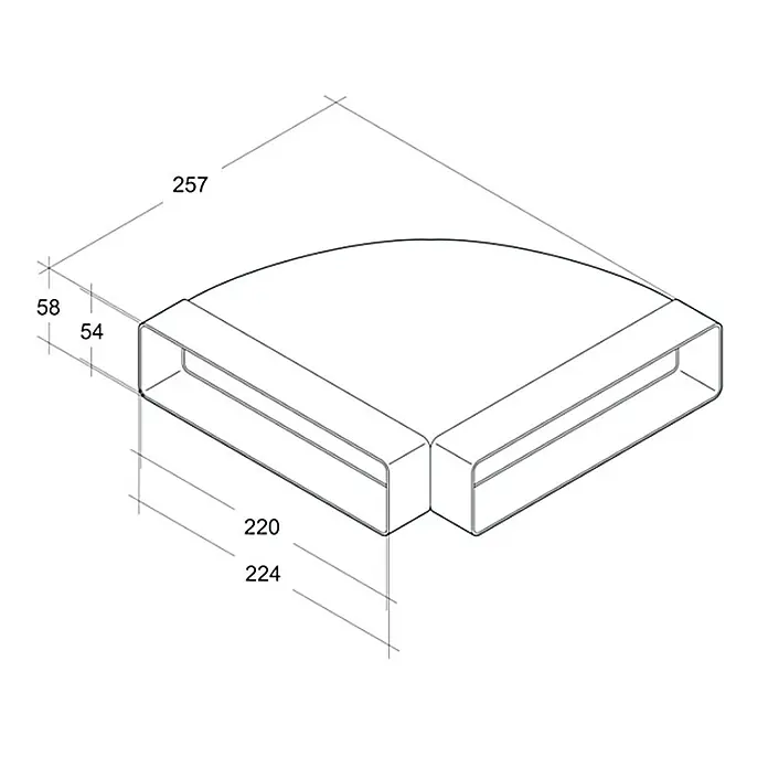 Air-Circle Flachkanal-Bogen - 220 x 54 mm, Waagerecht - Schematische Darstellung eines Eckverbinders mit Maßangaben für Installationen.