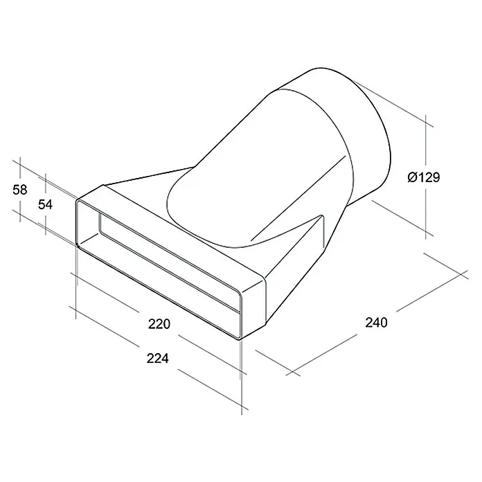 Air-Circle Flachkanal-Übergangsstück - Maße Anschlussstutzen: 220 x 54 mm, Durchmesser Anschlussstutzen: 125 mm - Abbildung eines Anschlussstücks mit rechteckigem Anschluss und rundem Übergang, detailliert mit Maßangaben.
