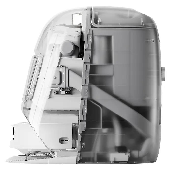 DJI Saugwischroboter P - Saugkraft: 25.000 Pa, Akkulaufzeit: 180 min, Fassungsvermögen Roboter: 260 ml - Seitenansicht eines Roboterstaubsaugers mit transparentem Gehäuse, das seine internen weißen und grauen Komponenten zeigt.