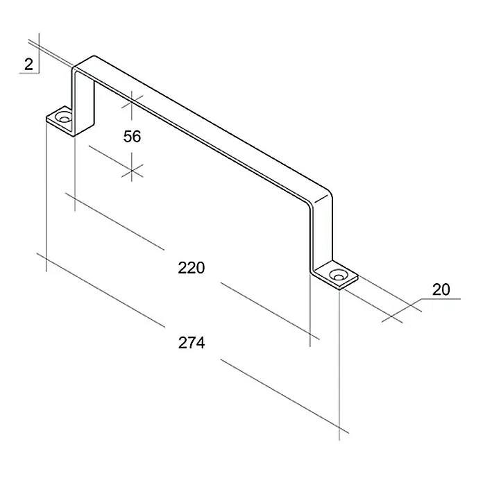 Air-Circle Rohrhalter - 220 x 54 mm - Abbildung einer Halterung mit den Maßen 2, 56, 220, 274 und 20. Metallbügel zur Befestigung mit rechteckigen Befestigungsplatten.