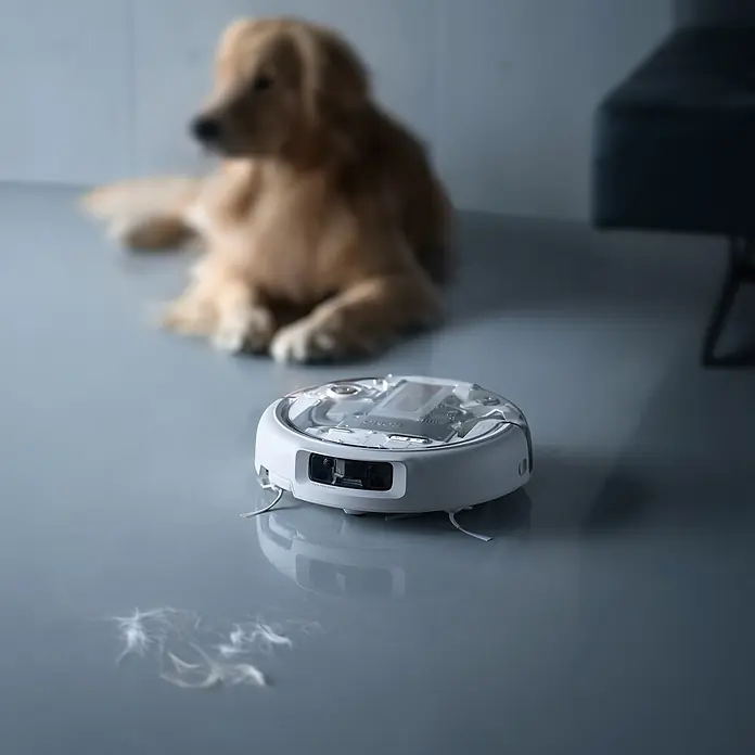 DJI Saugwischroboter P - Saugkraft: 25.000 Pa, Akkulaufzeit: 180 min, Fassungsvermögen Roboter: 260 ml - Weißer Saugroboter mit transparenter Oberseite, der interne Komponenten zeigt, auf dem Boden mit Tierhaaren, unscharfer Golden Retriever im Hintergrund.