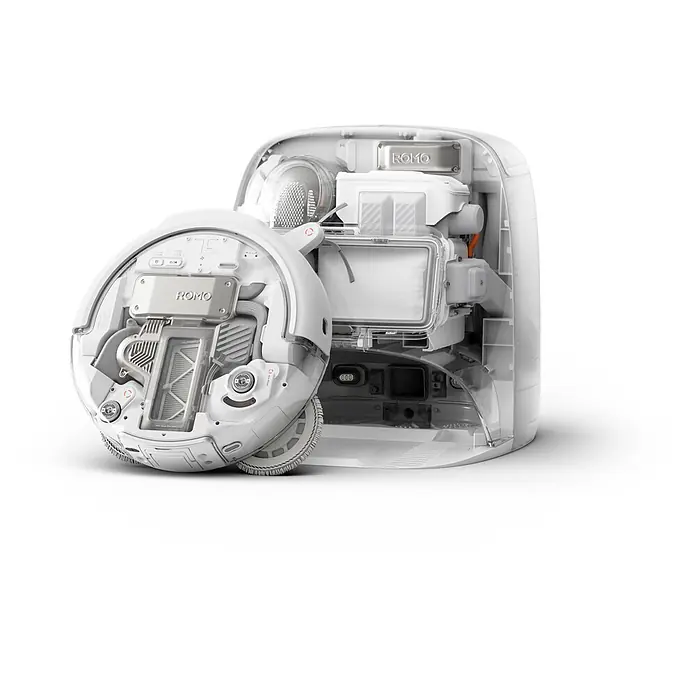 DJI Saugwischroboter P - Saugkraft: 25.000 Pa, Akkulaufzeit: 180 min, Fassungsvermögen Roboter: 260 ml - Weißer Saugroboter und automatische Entleerungsstation, im transparenten Schnittbild, das interne Mechanismen wie den Staubbehälter zeigt.