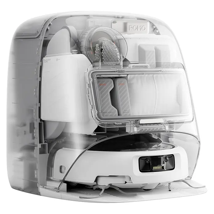 DJI Saugwischroboter P - Saugkraft: 25.000 Pa, Akkulaufzeit: 180 min, Fassungsvermögen Roboter: 260 ml - Transparente Roboter-Reinigungsstation mit weißem Reinigungsroboter, zeigt interne Komponenten wie Reinigungslösung und ein Visionssystem.
